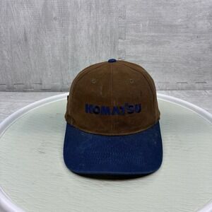 Vintage Komatsu Hat Cap Strap Back Brown Navy Blue Canvas Heavy Equipment Logo
